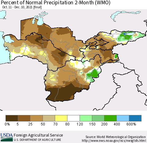 Central Asia Percent of Normal Precipitation 2-Month (WMO) Thematic Map For 10/11/2021 - 12/10/2021