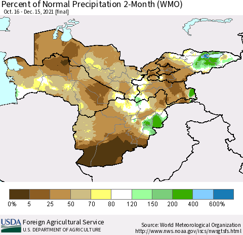 Central Asia Percent of Normal Precipitation 2-Month (WMO) Thematic Map For 10/16/2021 - 12/15/2021