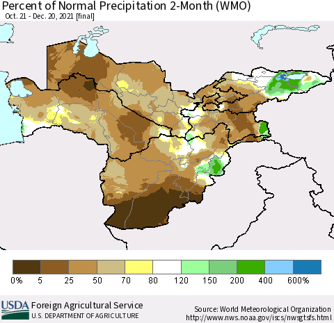 Central Asia Percent of Normal Precipitation 2-Month (WMO) Thematic Map For 10/21/2021 - 12/20/2021