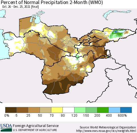 Central Asia Percent of Normal Precipitation 2-Month (WMO) Thematic Map For 10/26/2021 - 12/25/2021