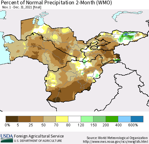 Central Asia Percent of Normal Precipitation 2-Month (WMO) Thematic Map For 11/1/2021 - 12/31/2021