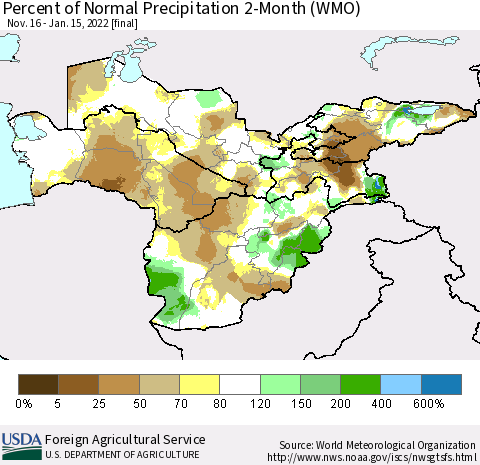 Central Asia Percent of Normal Precipitation 2-Month (WMO) Thematic Map For 11/16/2021 - 1/15/2022