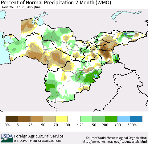 Central Asia Percent of Normal Precipitation 2-Month (WMO) Thematic Map For 11/26/2021 - 1/25/2022