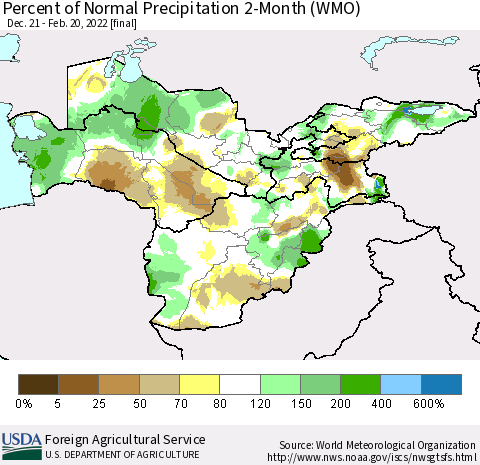 Central Asia Percent of Normal Precipitation 2-Month (WMO) Thematic Map For 12/21/2021 - 2/20/2022