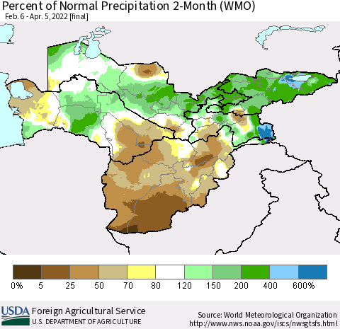 Central Asia Percent of Normal Precipitation 2-Month (WMO) Thematic Map For 2/6/2022 - 4/5/2022