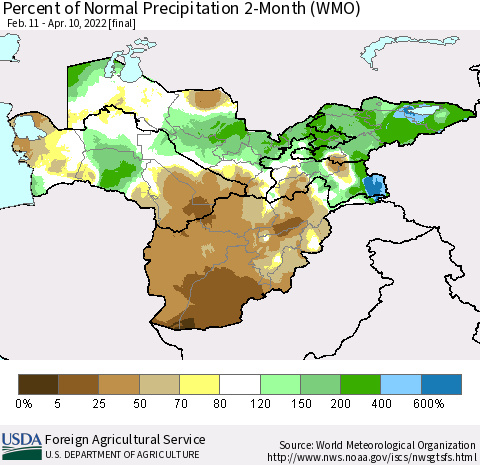 Central Asia Percent of Normal Precipitation 2-Month (WMO) Thematic Map For 2/11/2022 - 4/10/2022