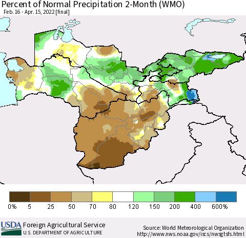Central Asia Percent of Normal Precipitation 2-Month (WMO) Thematic Map For 2/16/2022 - 4/15/2022