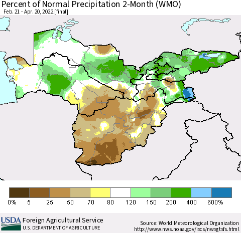 Central Asia Percent of Normal Precipitation 2-Month (WMO) Thematic Map For 2/21/2022 - 4/20/2022