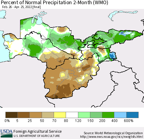 Central Asia Percent of Normal Precipitation 2-Month (WMO) Thematic Map For 2/26/2022 - 4/25/2022