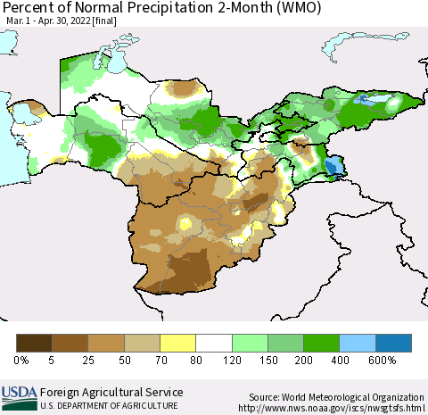 Central Asia Percent of Normal Precipitation 2-Month (WMO) Thematic Map For 3/1/2022 - 4/30/2022