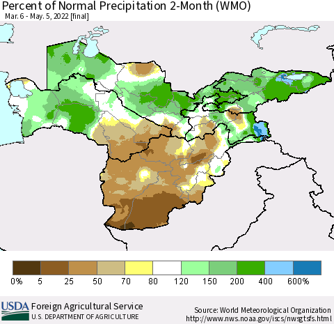 Central Asia Percent of Normal Precipitation 2-Month (WMO) Thematic Map For 3/6/2022 - 5/5/2022