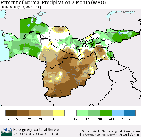 Central Asia Percent of Normal Precipitation 2-Month (WMO) Thematic Map For 3/16/2022 - 5/15/2022