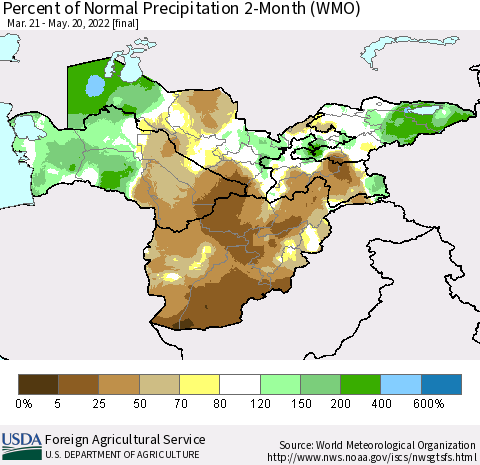 Central Asia Percent of Normal Precipitation 2-Month (WMO) Thematic Map For 3/21/2022 - 5/20/2022
