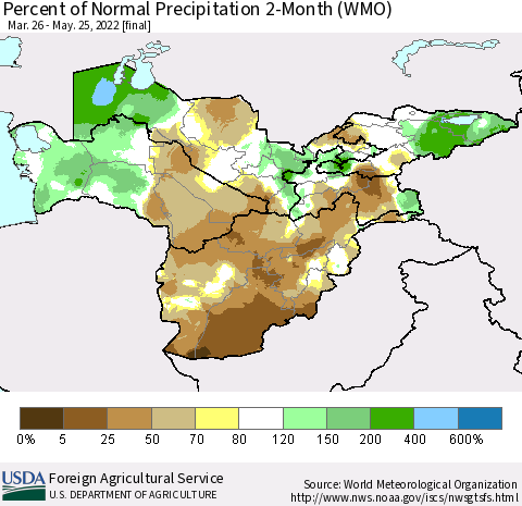Central Asia Percent of Normal Precipitation 2-Month (WMO) Thematic Map For 3/26/2022 - 5/25/2022
