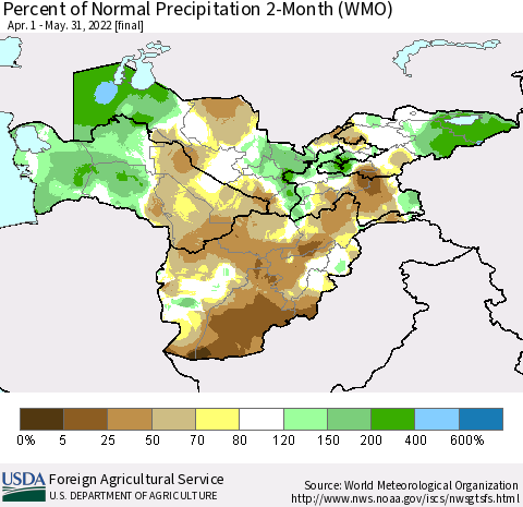 Central Asia Percent of Normal Precipitation 2-Month (WMO) Thematic Map For 4/1/2022 - 5/31/2022