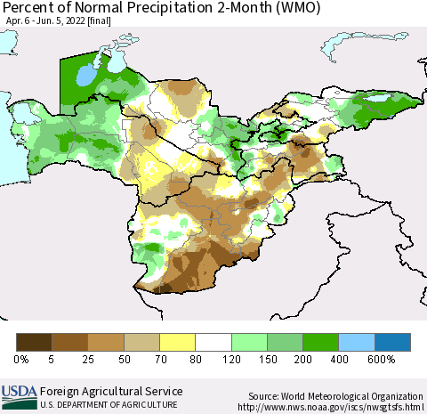 Central Asia Percent of Normal Precipitation 2-Month (WMO) Thematic Map For 4/6/2022 - 6/5/2022