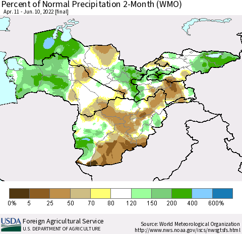 Central Asia Percent of Normal Precipitation 2-Month (WMO) Thematic Map For 4/11/2022 - 6/10/2022