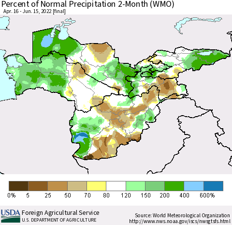 Central Asia Percent of Normal Precipitation 2-Month (WMO) Thematic Map For 4/16/2022 - 6/15/2022