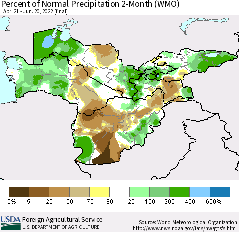 Central Asia Percent of Normal Precipitation 2-Month (WMO) Thematic Map For 4/21/2022 - 6/20/2022