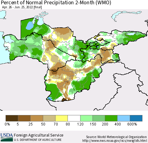 Central Asia Percent of Normal Precipitation 2-Month (WMO) Thematic Map For 4/26/2022 - 6/25/2022