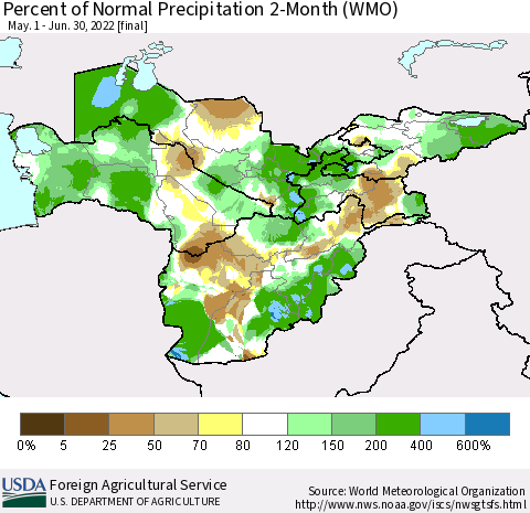 Central Asia Percent of Normal Precipitation 2-Month (WMO) Thematic Map For 5/1/2022 - 6/30/2022