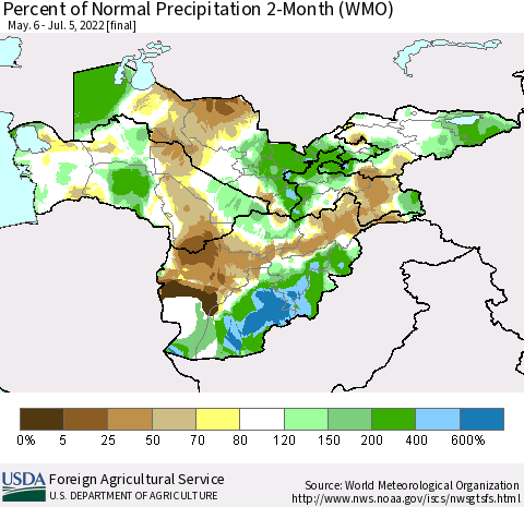 Central Asia Percent of Normal Precipitation 2-Month (WMO) Thematic Map For 5/6/2022 - 7/5/2022