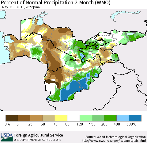 Central Asia Percent of Normal Precipitation 2-Month (WMO) Thematic Map For 5/11/2022 - 7/10/2022