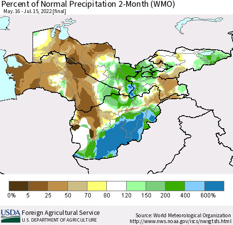 Central Asia Percent of Normal Precipitation 2-Month (WMO) Thematic Map For 5/16/2022 - 7/15/2022