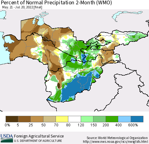 Central Asia Percent of Normal Precipitation 2-Month (WMO) Thematic Map For 5/21/2022 - 7/20/2022