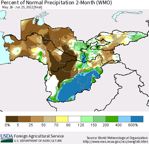 Central Asia Percent of Normal Precipitation 2-Month (WMO) Thematic Map For 5/26/2022 - 7/25/2022