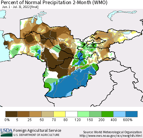 Central Asia Percent of Normal Precipitation 2-Month (WMO) Thematic Map For 6/1/2022 - 7/31/2022