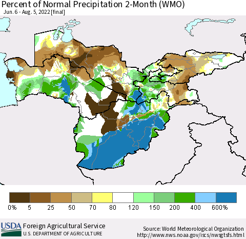 Central Asia Percent of Normal Precipitation 2-Month (WMO) Thematic Map For 6/6/2022 - 8/5/2022
