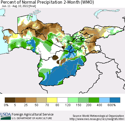 Central Asia Percent of Normal Precipitation 2-Month (WMO) Thematic Map For 6/11/2022 - 8/10/2022