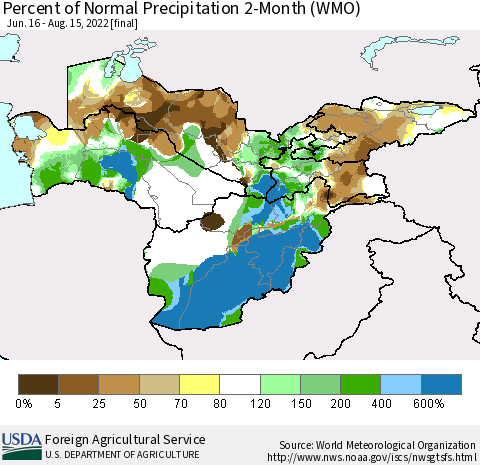 Central Asia Percent of Normal Precipitation 2-Month (WMO) Thematic Map For 6/16/2022 - 8/15/2022