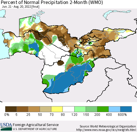 Central Asia Percent of Normal Precipitation 2-Month (WMO) Thematic Map For 6/21/2022 - 8/20/2022