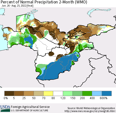 Central Asia Percent of Normal Precipitation 2-Month (WMO) Thematic Map For 6/26/2022 - 8/25/2022