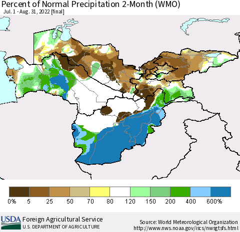 Central Asia Percent of Normal Precipitation 2-Month (WMO) Thematic Map For 7/1/2022 - 8/31/2022