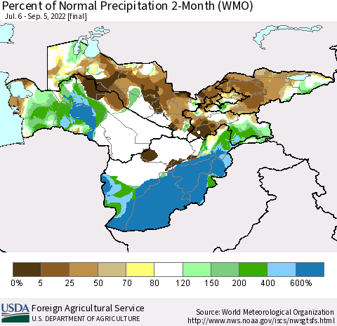 Central Asia Percent of Normal Precipitation 2-Month (WMO) Thematic Map For 7/6/2022 - 9/5/2022