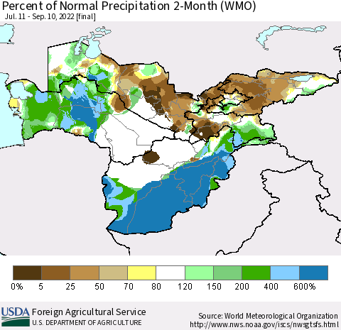 Central Asia Percent of Normal Precipitation 2-Month (WMO) Thematic Map For 7/11/2022 - 9/10/2022