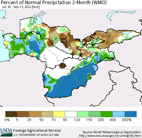 Central Asia Percent of Normal Precipitation 2-Month (WMO) Thematic Map For 7/16/2022 - 9/15/2022