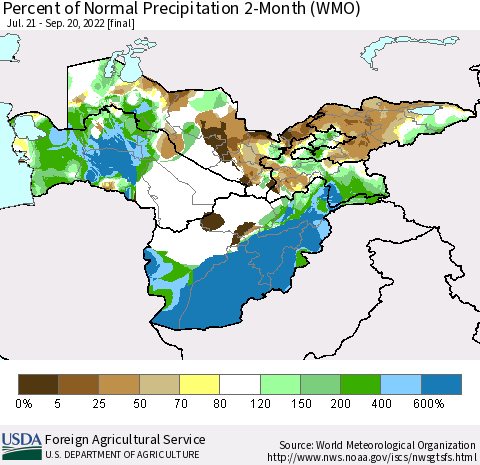 Central Asia Percent of Normal Precipitation 2-Month (WMO) Thematic Map For 7/21/2022 - 9/20/2022