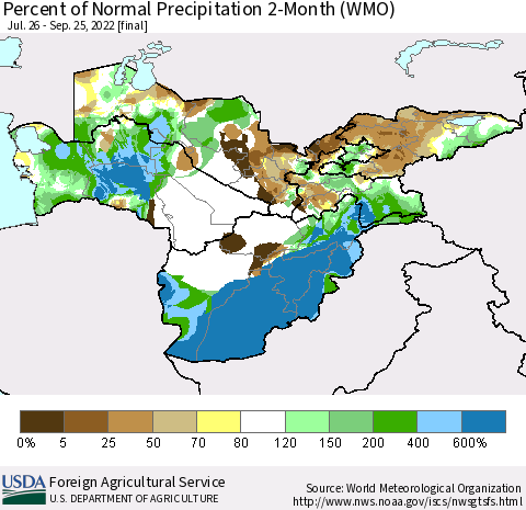 Central Asia Percent of Normal Precipitation 2-Month (WMO) Thematic Map For 7/26/2022 - 9/25/2022