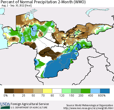 Central Asia Percent of Normal Precipitation 2-Month (WMO) Thematic Map For 8/1/2022 - 9/30/2022