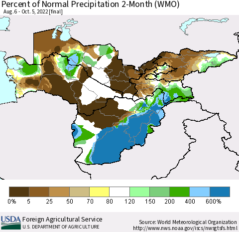 Central Asia Percent of Normal Precipitation 2-Month (WMO) Thematic Map For 8/6/2022 - 10/5/2022