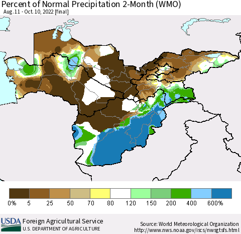 Central Asia Percent of Normal Precipitation 2-Month (WMO) Thematic Map For 8/11/2022 - 10/10/2022