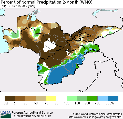 Central Asia Percent of Normal Precipitation 2-Month (WMO) Thematic Map For 8/16/2022 - 10/15/2022