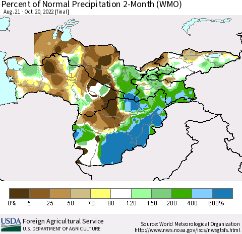 Central Asia Percent of Normal Precipitation 2-Month (WMO) Thematic Map For 8/21/2022 - 10/20/2022