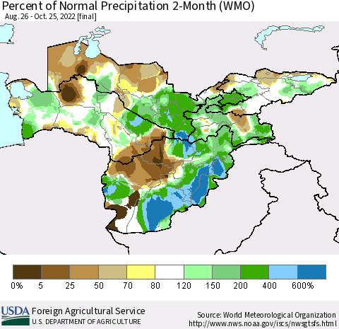 Central Asia Percent of Normal Precipitation 2-Month (WMO) Thematic Map For 8/26/2022 - 10/25/2022