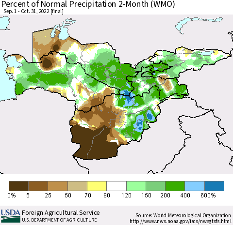 Central Asia Percent of Normal Precipitation 2-Month (WMO) Thematic Map For 9/1/2022 - 10/31/2022