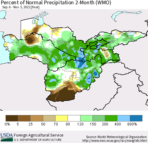 Central Asia Percent of Normal Precipitation 2-Month (WMO) Thematic Map For 9/6/2022 - 11/5/2022